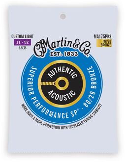 Martin MA175PK3 snarenset voor akoestische gitaar snarenset voor akoestische gitaar, 3-pack, 80/20 bronze, custom light, 11-52