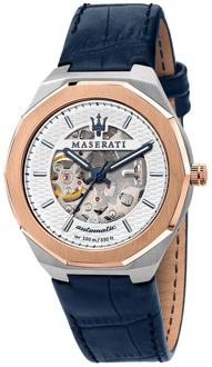 Maserati Stile Automatic - Herenhorloge - R8821142001 - Blauw - Rosegoud - Zilver - Lederen horlogeband - automatisch uurwerk - 42 MM