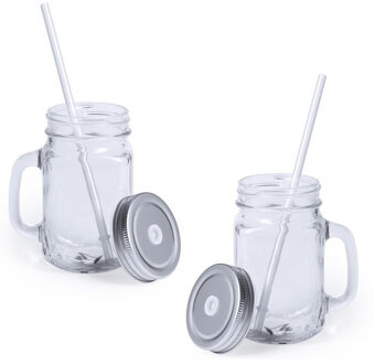 Mason Jar drinkbekers - 10x stuks - glas - dop zilver met rietje - 500 ml - afsluitbaar - fruit shak