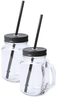 Mason Jar drinkbekers - 12x stuks - glas - dop zwart met rietje - 500 ml - afsluitbaar - fruit shake