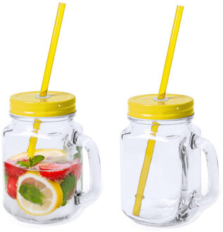 Mason Jar drinkbekers - 2x - glas - dop geel met rietje - 500 ml - afsluitbaar - fruit shakes