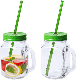 Mason Jar drinkbekers - 2x - glas - dop groen met rietje - 500 ml - afsluitbaar - fruit shakes