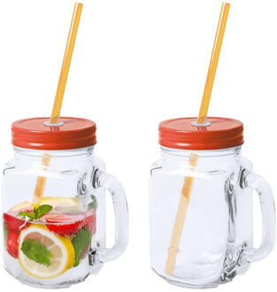 Mason Jar drinkbekers - 2x - glas - dop oranje met rietje - 500 ml - afsluitbaar - fruit shakes