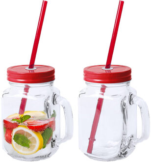 Mason Jar drinkbekers - 2x - glas - dop rood met rietje - 500 ml - afsluitbaar - fruit shakes
