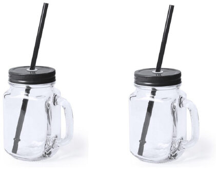 Mason Jar drinkbekers - 2x - glas - dop zwart met rietje - 500 ml - afsluitbaar - fruit shakes