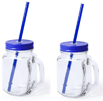 Mason Jar drinkbekers - 2x stuks - glas - dop blauw met rietje - 500 ml - afsluitbaar - fruit shakes