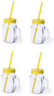 Mason Jar drinkbekers - 4x stuks - glas - dop geel met rietje - 500 ml - afsluitbaar - fruit shakes