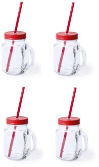 Mason Jar drinkbekers - 4x stuks - glas - dop rood met rietje - 500 ml - afsluitbaar - fruit shakes