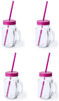 Mason Jar drinkbekers - 4x stuks - glas - dop roze met rietje - 500 ml - afsluitbaar - fruit shakes