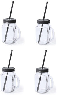 Mason Jar drinkbekers - 4x stuks - glas - dop zwart met rietje - 500 ml - afsluitbaar - fruit shakes