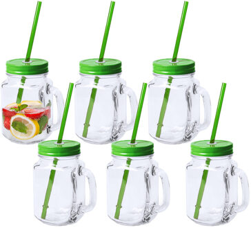 Mason Jar drinkbekers - 6x - glas - dop groen met rietje - 500 ml - afsluitbaar - fruit shakes