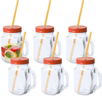 Mason Jar drinkbekers - 6x - glas - dop oranje met rietje - 500 ml - afsluitbaar - fruit shakes