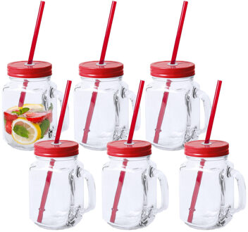 Mason Jar drinkbekers - 6x - glas - dop rood met rietje - 500 ml - afsluitbaar - fruit shakes