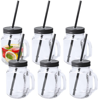 Mason Jar drinkbekers - 6x - glas - dop zwart met rietje - 500 ml - afsluitbaar - fruit shakes