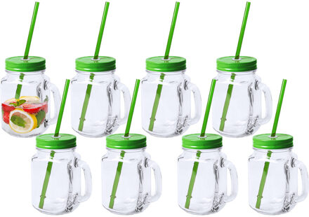 Mason Jar drinkbekers - 8x - glas - dop groen met rietje - 500 ml - afsluitbaar - fruit shakes