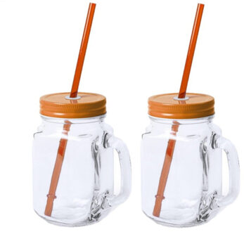 Mason Jar drinkbekers - 8x stuks - glas - dop oranje met rietje - 500 ml - afsluitbaar - fruit shake