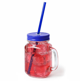 Mason Jar drinkbekers - glas - dop blauw met rietje - 500 ml - afsluitbaar - fruit shakes
