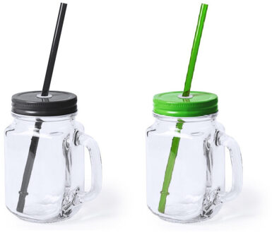 Mason Jar drinkbekers glazen - met dop en rietje - 4x stuks - 500 ml - 2x zwart / 2x groen