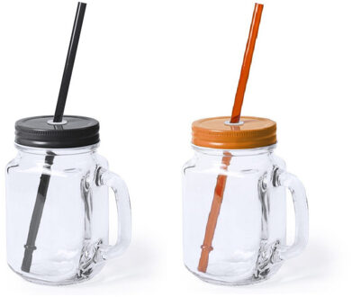 Mason Jar drinkbekers glazen - met dop en rietje - 4x stuks - 500 ml - 2x zwart / 2x oranje