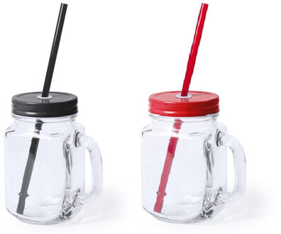 Mason Jar drinkbekers glazen - met dop en rietje - 4x stuks - 500 ml - 2x zwart / 2x rood