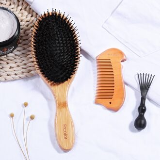 Massage Comb Natural Wooden Bamboo Handle Anti-static Massage Comb for Straightening Detangling Boar Bristle Hair Brush Set