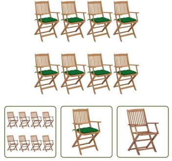 Massief Acaciahouten Inklapbare Stoelen - Set van 8 - Groen Kussen - 54x57x91 cm - Montage Vereist