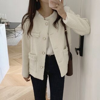 Matakawa Tweed Ronde Hals Single-Breasted Jasje Vrouwen Herfst En Winter Dames Temperament Lange Mouwen Straight Dames Jas wit