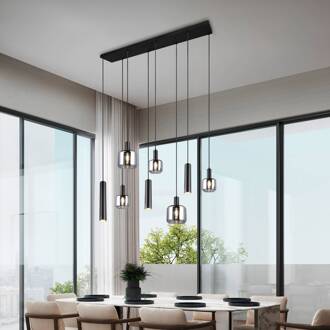 Mataro hanglamp, chroom/zwart, 118 cm, 8-lamps glas/metaal chroom-transparant, zwart