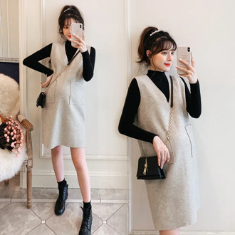 Maternity Dresses Long Sleeved Pregnant Women Autumn Winter Two-piece Maternity Clothes Dress Sweater+Woolen Sundress