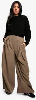Maternity Elastische Taille Geweven Relaxte Geplooide Wijde Pijp Broek, Taupe - 46