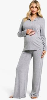 Maternity Long Sleeve Button Top & Wide Leg Trouser Pj Set, Grey Marl - 36