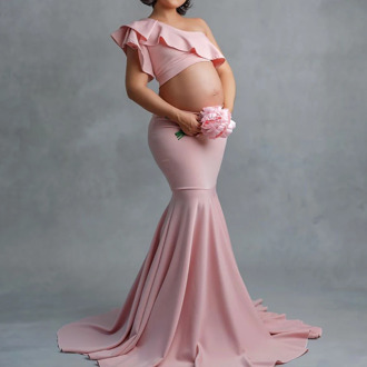 Maternity mermaid tail Skirt Set For Photography one shoulder Ruffles crop top Pregnancy Photography Props trumpet Skirt set D30