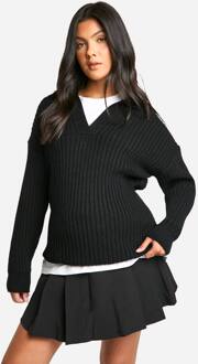 Maternity Soft Wide Rib Knit Collared Sweater, Black