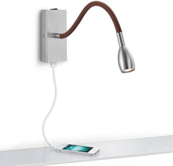 Matgrijze LED wandlamp Milos met bruine stof mat nikkel, bruin