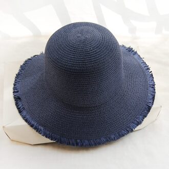 MATTYDOLIE Zomer Strooien Hoed Effen Kleur breedgerande Koepel Zonnehoed Monochrome Fringe Vrouw Hoed Opvouwbare Strand Cap marine blauw