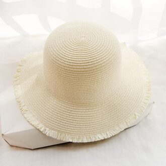 MATTYDOLIE Zomer Strooien Hoed Effen Kleur breedgerande Koepel Zonnehoed Monochrome Fringe Vrouw Hoed Opvouwbare Strand Cap melkachtig wit