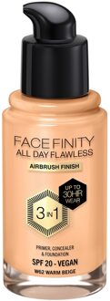 Max Factor Facefinity All Day Flawless 3 in 1 Vegan Foundation 30ml (Various Shades) - W62 - WARM BEIGE