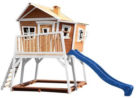 Max Speelhuis op palen, zandbak & blauwe glijbaan Speelhuisje voor de tuin / buiten in bruin & wit van FSC hout