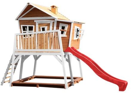 Max Speelhuis op palen, zandbak & rode glijbaan Speelhuisje voor de tuin / buiten in bruin & wit van FSC hout