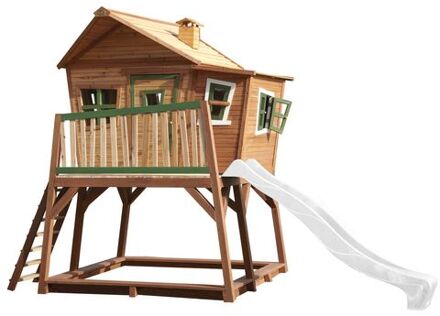 Max Speelhuis op palen, zandbak & witte glijbaan Speelhuisje voor de tuin / buiten in bruin & groen van FSC hout