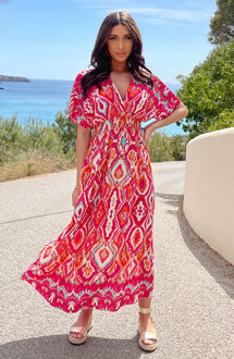 Maxi Dress Colorful Print Fuchsia Roze