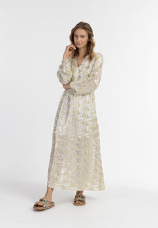 Maxi jurk met borduursel Dames Gebroken wit met gouden bloemen - L