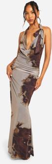 Maxi-Jurk Met Cowl-Hals, Bedrukt Mesh En Strikdetail, Brown - 42