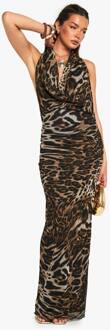 Maxi-Jurk Met Cowl-Hals In Luipaardprint En Mesh, Brown - 44