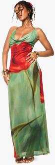 Maxi-Jurk Met Mesh Bloemenprint En Draperende Halslijn, Green - 44