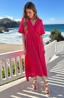 Maxi Jurk Mousseline Leopard Fuchsia Red Roze