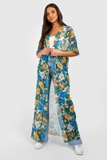 Maxi Kimono Met Oriëntaalse Bloemenprint, Green - S