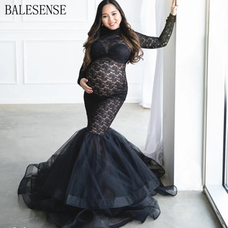 Maxi Maternity Gown Dresses for Photo Shoot Pregnant Women Long Sleeve Black Lace Turtleneck Photography Dresses Pregnancy Dress