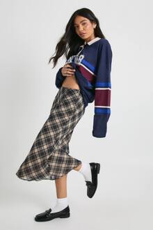 Maxirok Met Geruite Print En Zwierige Zoom, Navy - 34