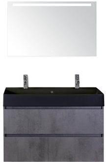 Maxx XL Badmeubelset 100 cm - Beton Antraciet - Wastafel Kube Zwart 2 Kraangaten met LED Spiegel
